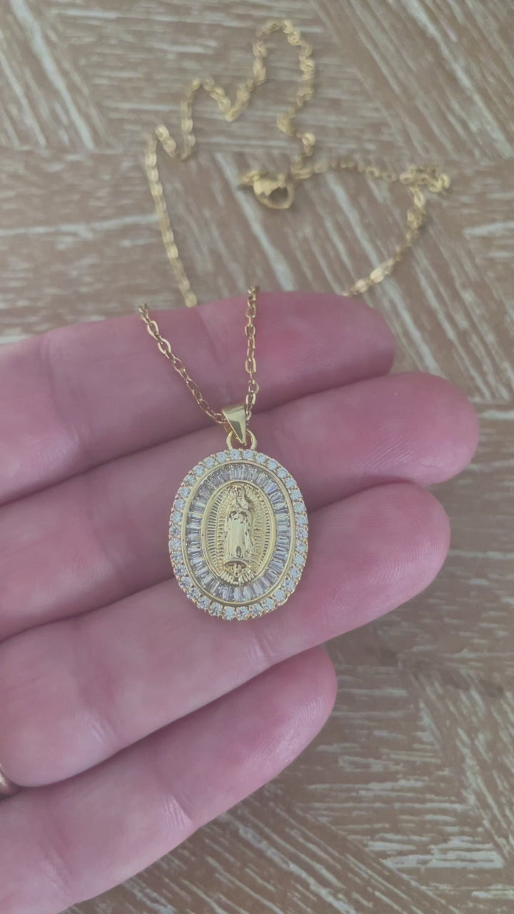 Lady of Guadalupe Gold Necklace — Crystal Halo Catholic Medal Gift