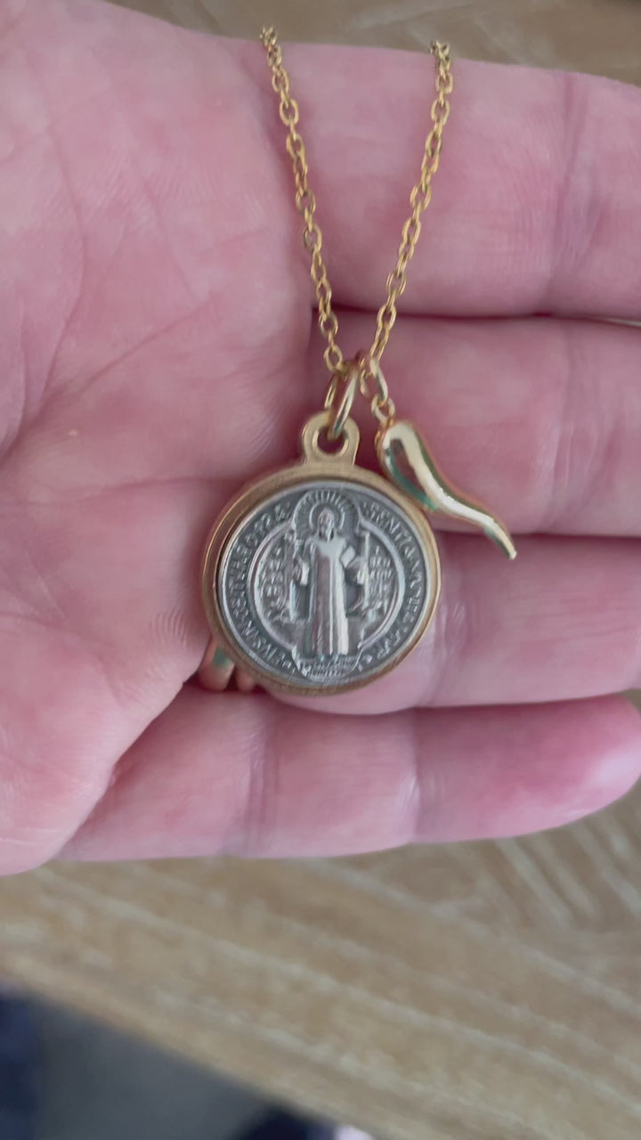 St Benedict Medal Necklace with Italian Horn Charm – Gold Catholic Pendant, Personalized Birthstone, Protection Jewelry