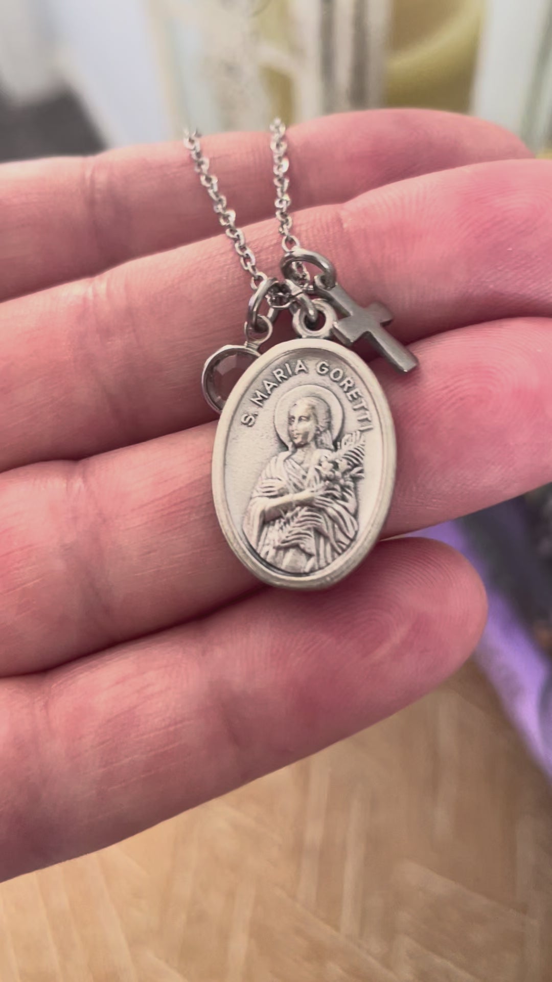 Saint Maria Goretti Necklace – Italian Medal with Birthstone &amp; Cross Charm | Purse Clip Option