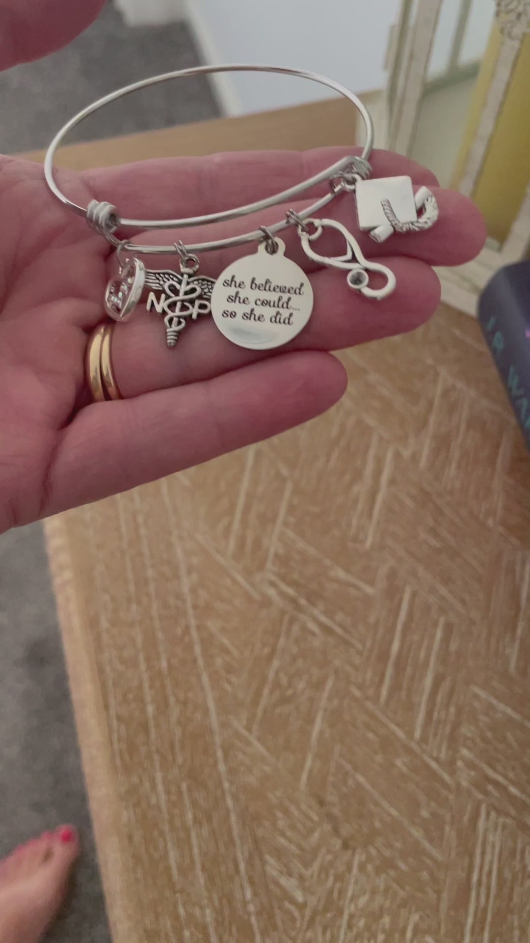 NP Nurse Practitioner Graduation Bracelet | She Believed She Could | EKG Heart, Stethoscope &amp; Caduceus Charm Bangle