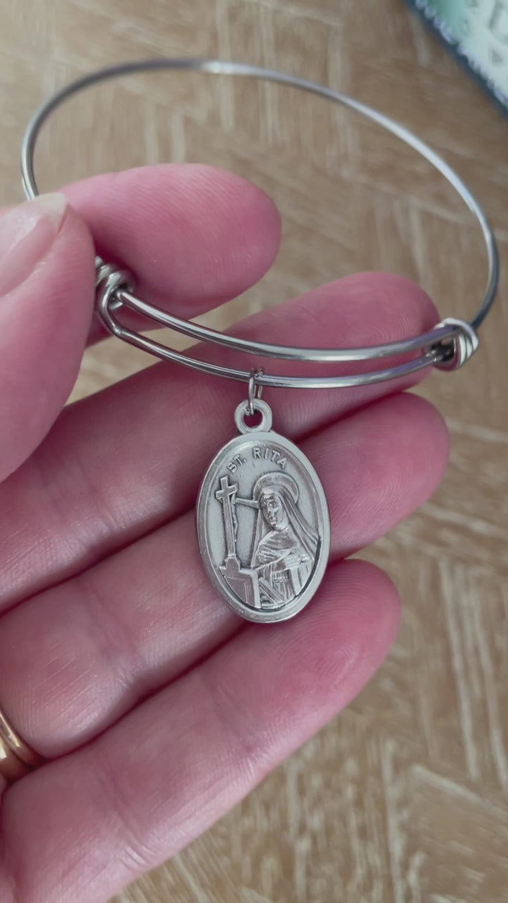 Patron Saint of the Impossible St. Rita Silver Expandable Bracelet Double Sided Adjustable Wire Bangle Catholic Medal Gift Trendy