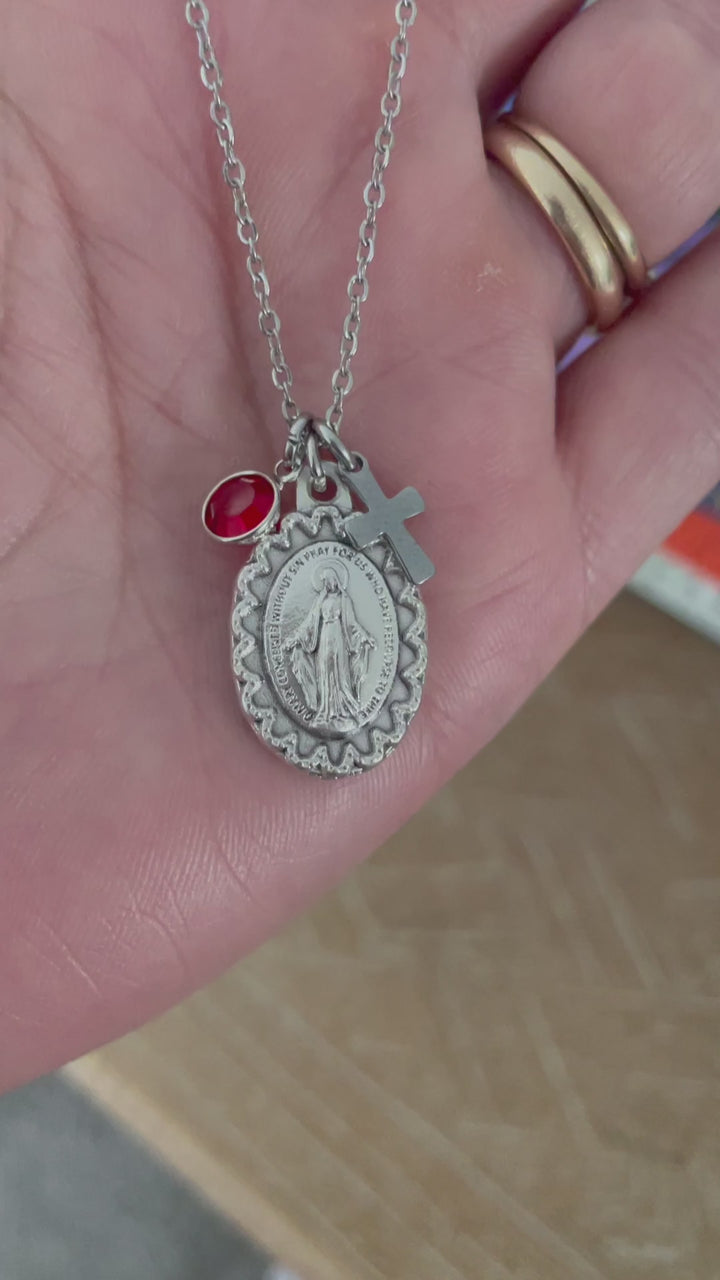 oxidized silver Virgin Mary necklace with cross charm and birthstone Miraculous Mary Medal