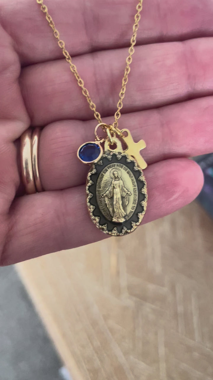 Gold Miraculous Mary Medal Necklace – Personalized Catholic Gift with Birthstone