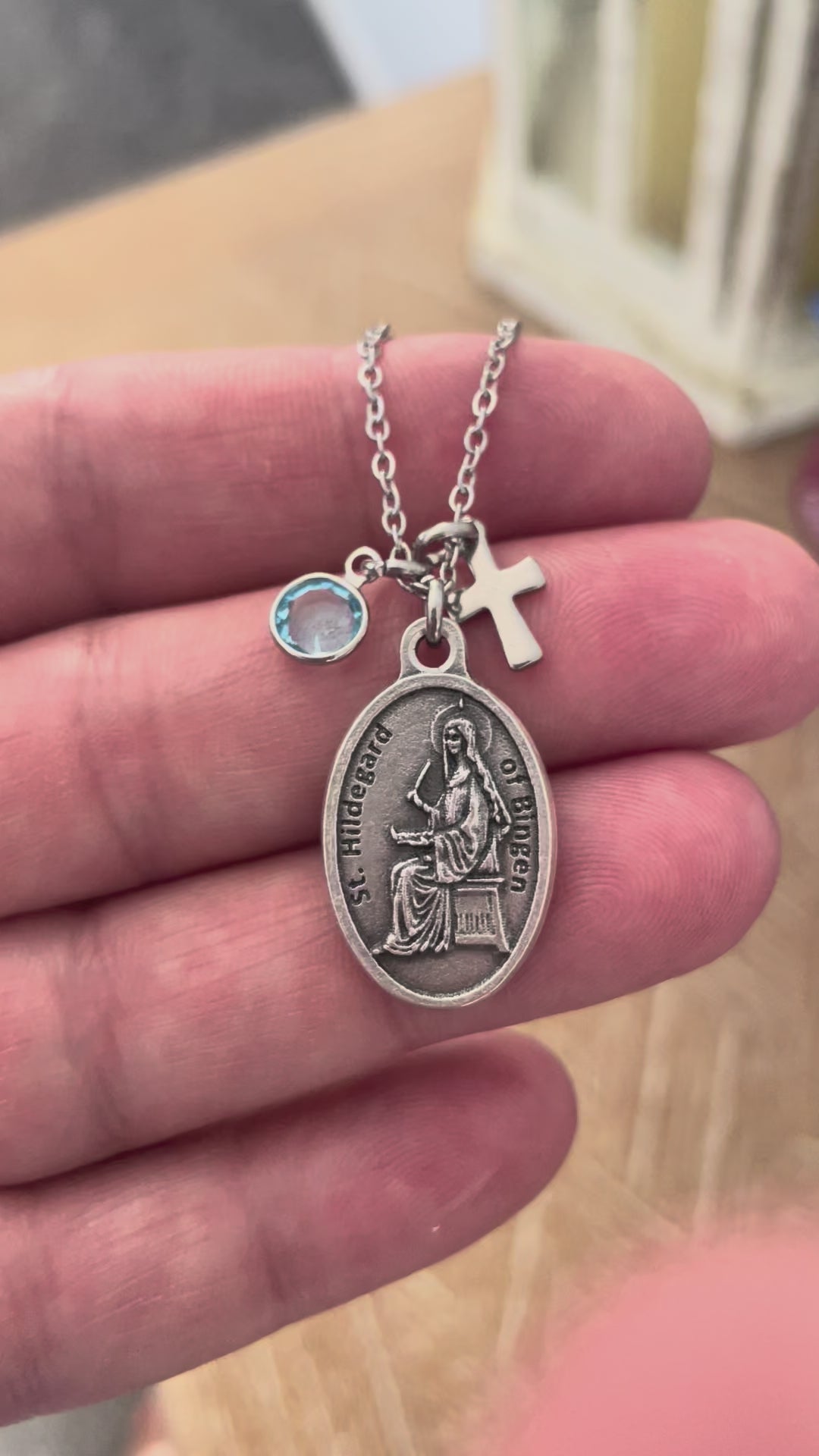 St. Hildegard of Bingen Necklace | Catholic Saint Medal with Cross and Birthstone Charm | Faith Jewelry Gift for Women