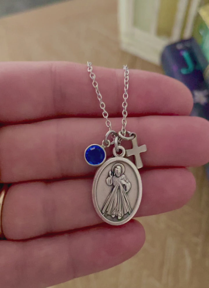 Divine Mercy Necklace with Birthstone &amp; Cross Charm