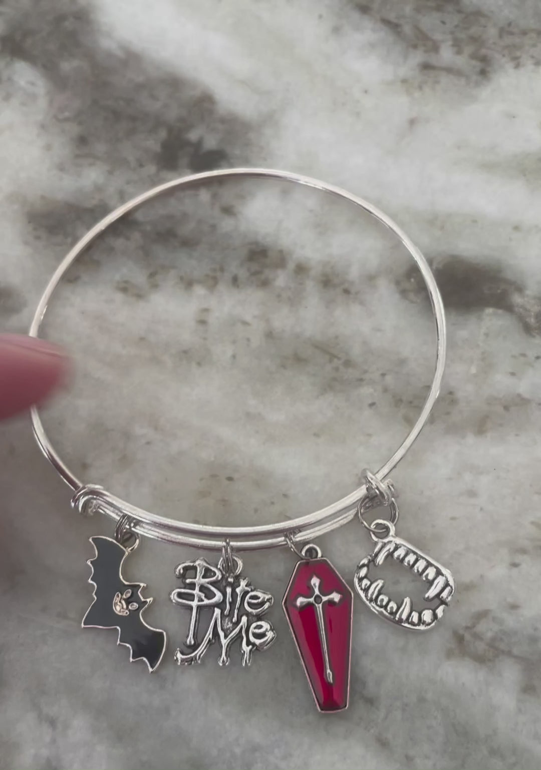Bite Me Vampire Charm Bracelet WIth Coffin, Bat, Fang charms