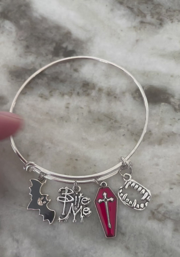 Bite Me Vampire Charm Bracelet WIth Coffin, Bat, Fang charms