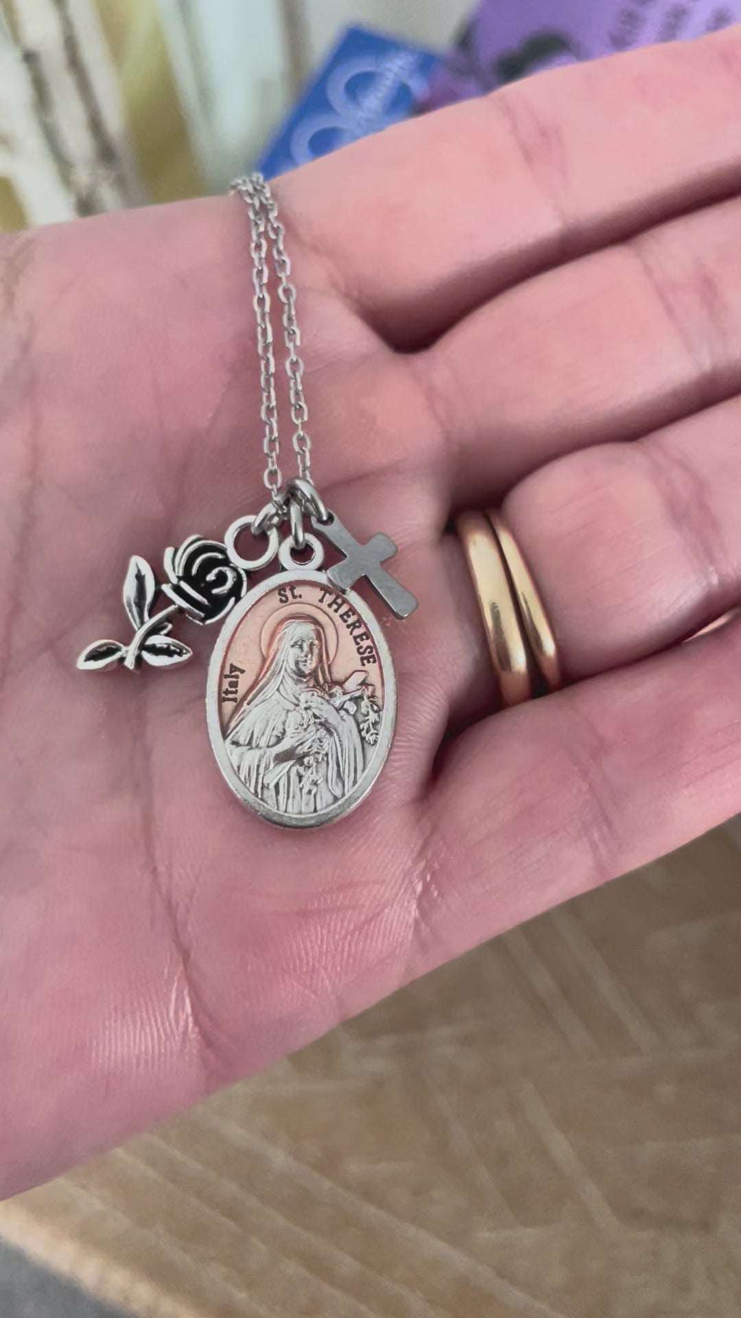 St. Therese of Lisieux Medal Necklace | Italian Catholic Medal with Rose &amp; Cross Charms | Confirmation Gift