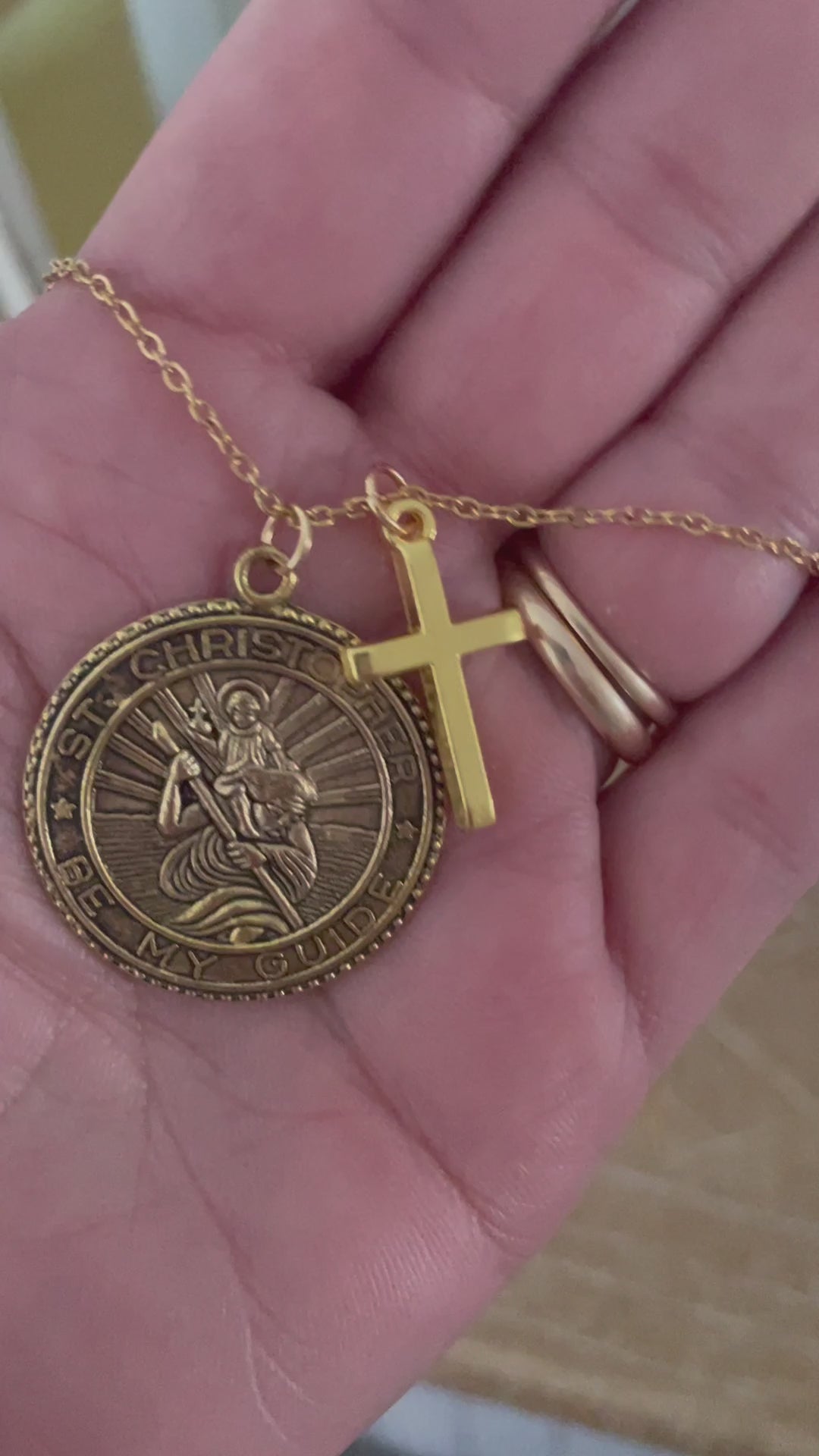 St Christopher Necklace Gold Medal Birthstone Pendant Cross Charm Catholic Patron Saint Jewelry