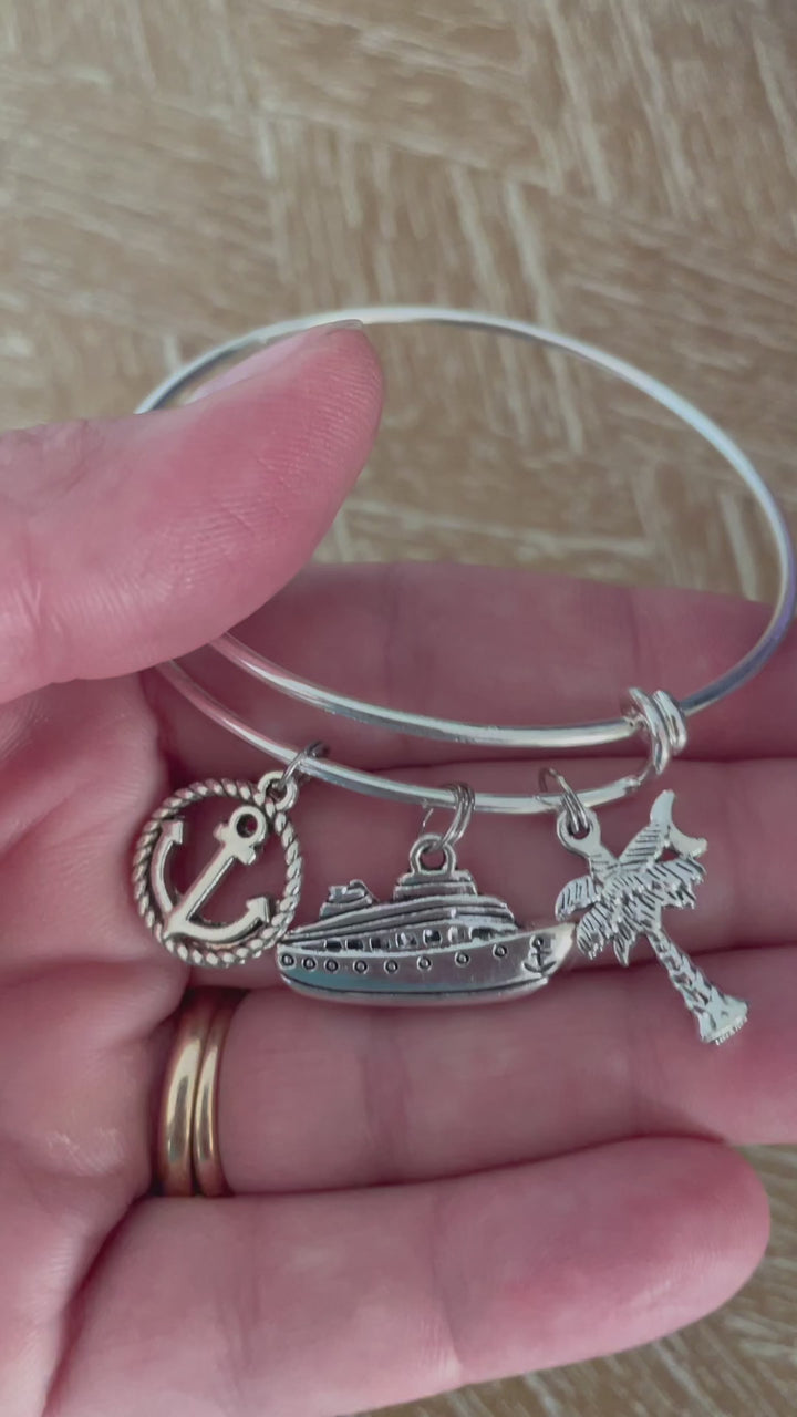 Cruise Ship Charm Bracelet for Women – Adjustable Silver Bangle with Anchor, Ship &amp; Palm Tree Charms