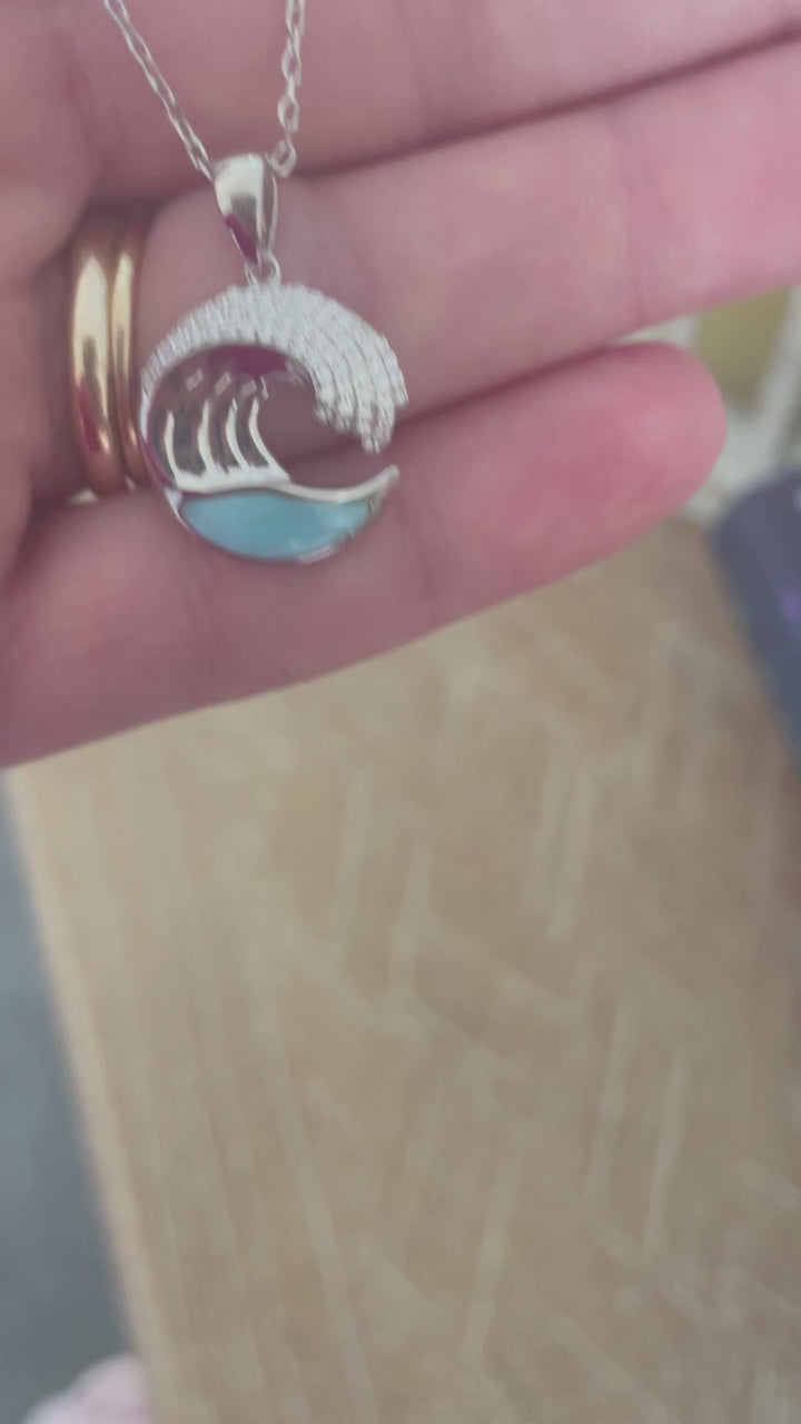 Larimar Wave Necklace – 925 Sterling Silver Ocean Jewelry Pendant (3/4 Inch)