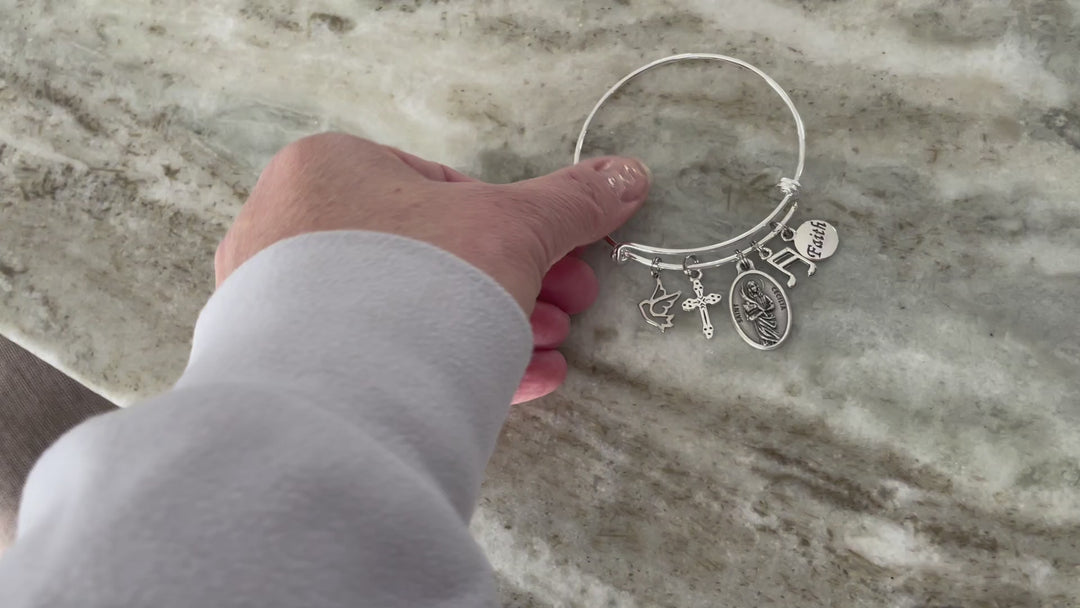 Saint Cecilia Bangle Bracelet – Silver Patron Saint of Music • Faith, Angel &amp; Cross Charm Bracelet
