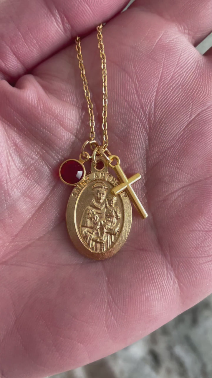 Gold Saint Anthony Necklace on Stainless Steel Chain