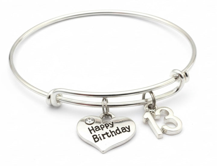 Silver expandable charm bracelet with Happy 13th Birthday charms – adjustable bangle milestone gift for teen girls, daughters and granddaughters by Jules Obsession