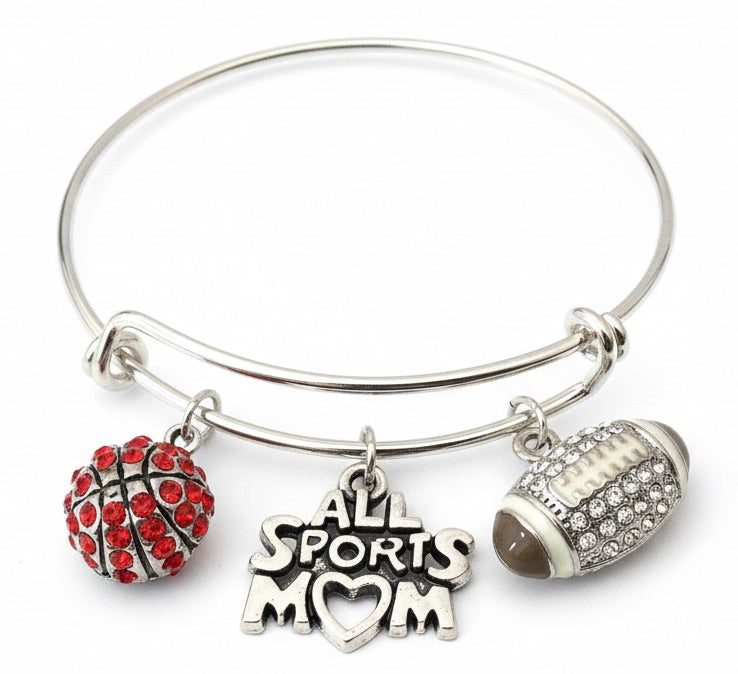 All Sports Mom Crystal Charm Bracelet, Basketball Football Bangle, Adjustable Silver Gift with Rhinestone Charms