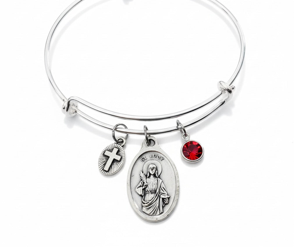 Patron Saint of the Blind Saint Lucy Silver Expandable Wire Bangle Double Sided Adjustable Bracelet