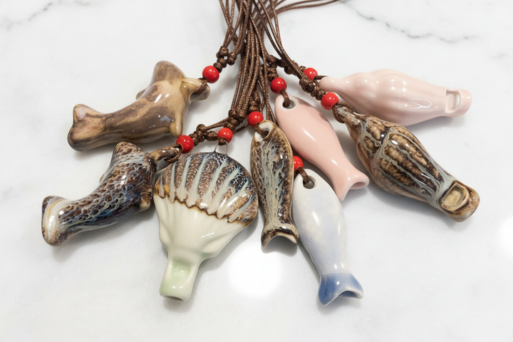 Handcrafted Ceramic Animal Ocarina Whistles - Dolphin, Fish, Turtle Musical Pendants