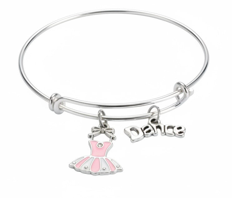 Dance with Pink Tutu on a Silver Adjustable Bangle Bracelet Ballet Charm Bracelet Tap Dance
