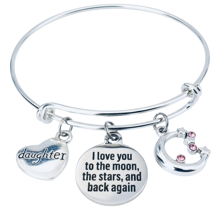 Silver bracelet with charms including 'daughter', 'I love you to the moon, the stars, and back again', and a moon charm.