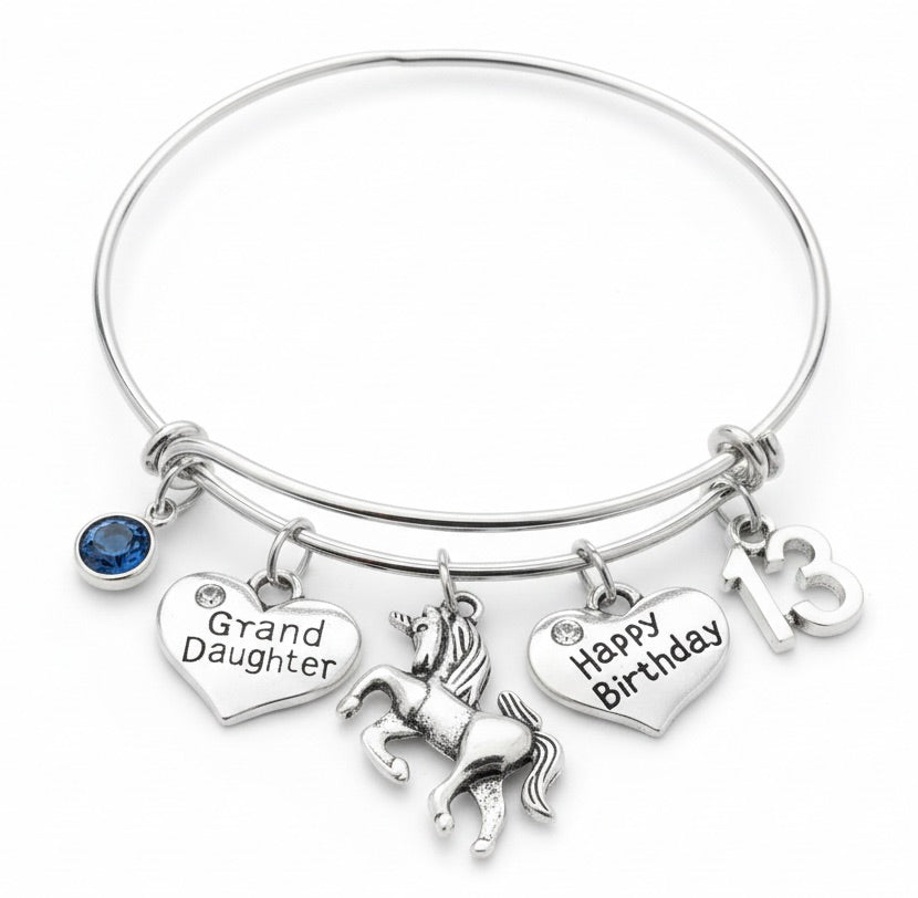 Granddaughter 13th Birthday Bracelet | Unicorn Charm Bangle with Birthstone | Personalized Gift
