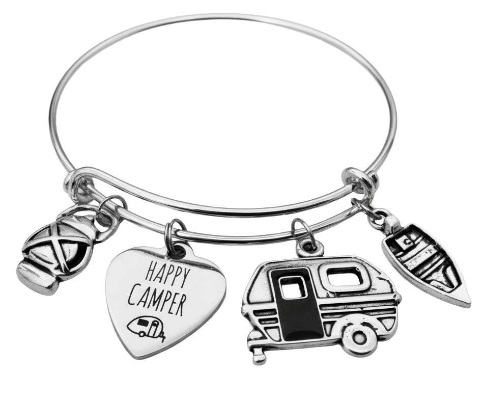 Happy Camper Expandable Charm Bracelet - Silver Plated Adjustable Bangle with Camping Charms