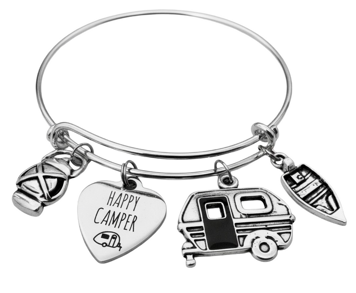 Happy Camper Expandable Charm Bracelet - Silver Plated Adjustable Bangle with Camping Charms