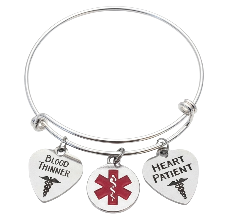 Heart Patient Blood Thinners Medical Alert Bracelet, Adjustable Silver Charm Bangle, Medical ID Jewelry Gift