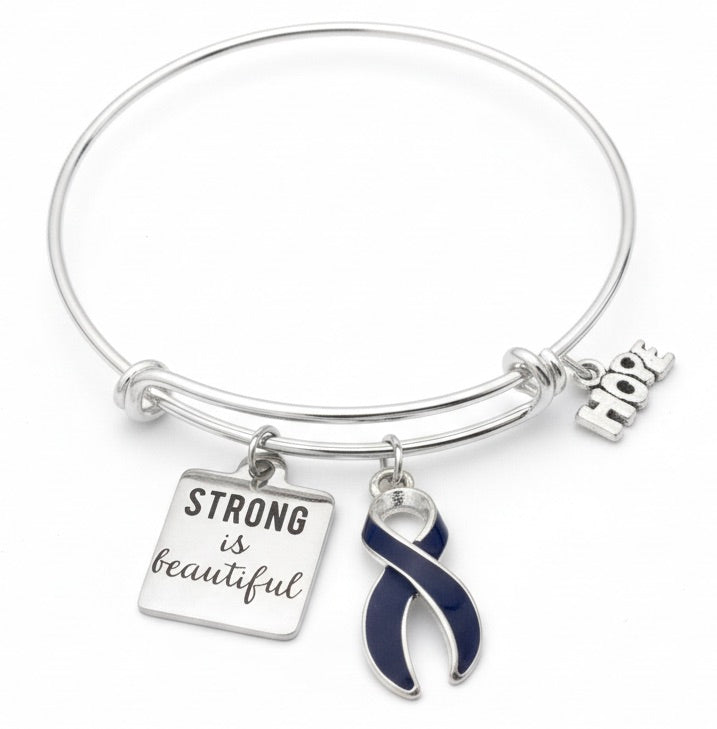 Blue Awareness Ribbon Bracelet Strong is Beautiful Hope Charm Bangle 