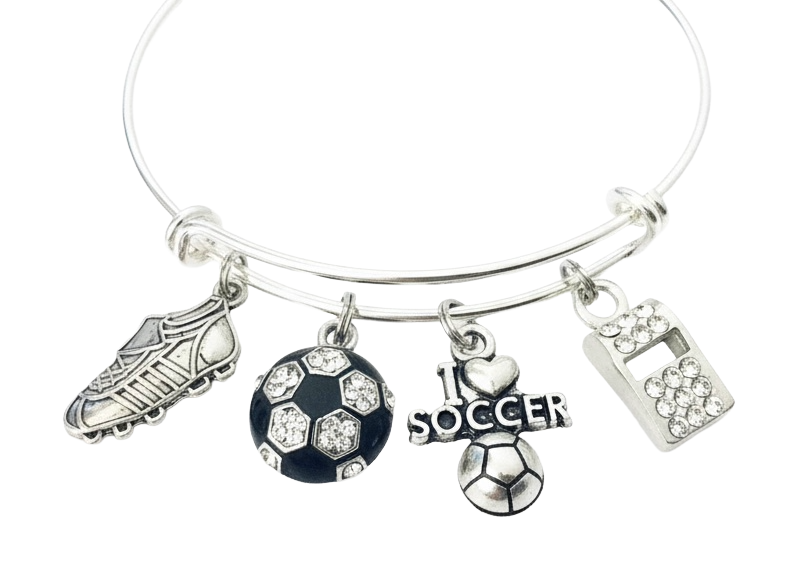 I Love Soccer Jewelry Crystal Soccer Ball Adjustable Charm Bracelet Silver Expandable Bangle One Size Fits All Gift Coach Whistle Soccer Cleat