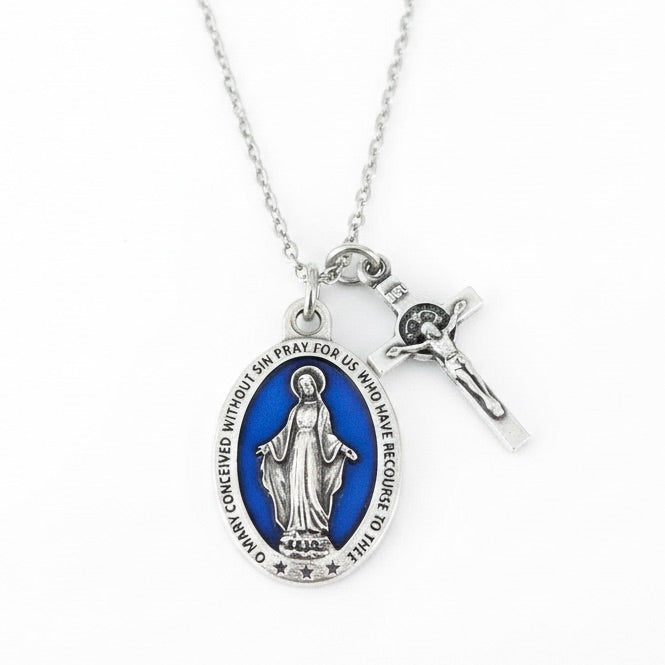 Silver Virgin Mary Medal Necklace Blue Miraculous Medal with Cross and Birthstone