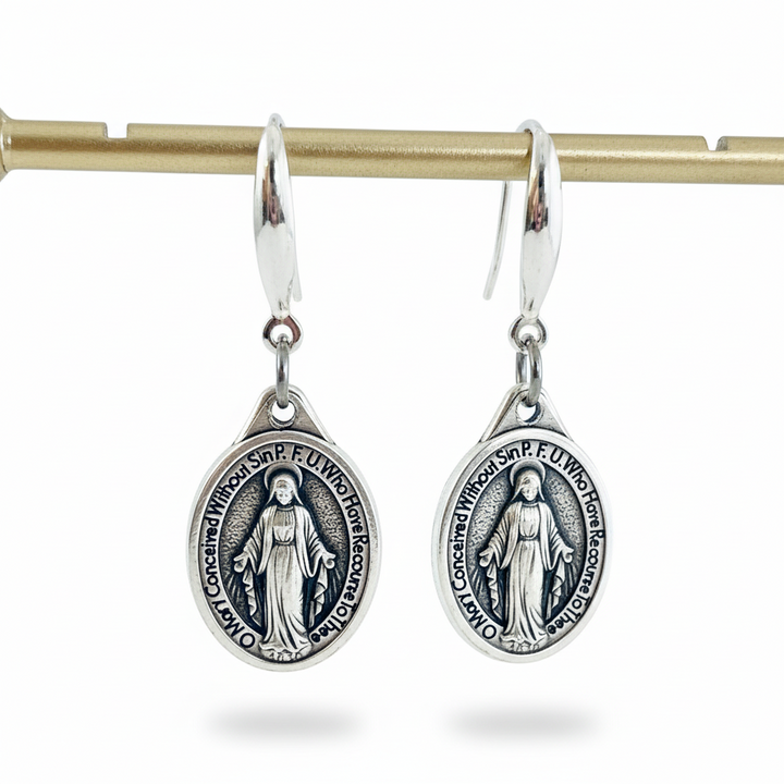 Miraculous Mary Earrings – Silver Dangle Earrings – Italian Oxidized Medal with Sterling Silver Hooks – Catholic Jewelry Gift
