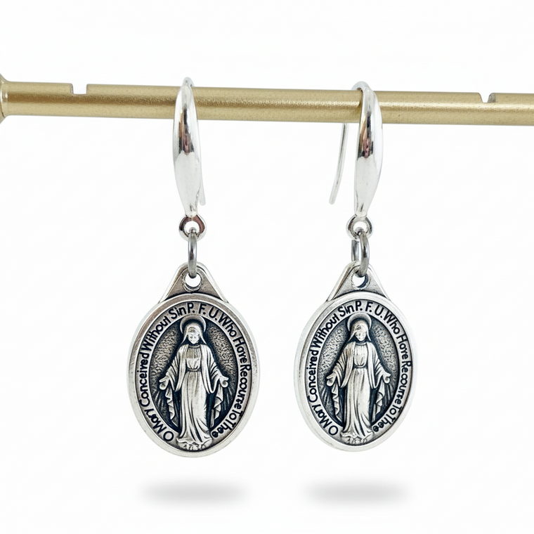 Miraculous Mary Earrings – Silver Dangle Earrings – Italian Oxidized Medal with Sterling Silver Hooks – Catholic Jewelry Gift