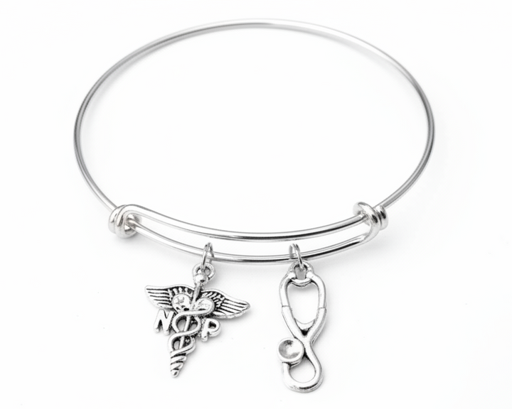 Nurse Practitioner NP Gift Charm Bracelet Adjustable Expandable Silver Bangle One Size Fits All Gift Personalized Nurse Graduation Gift