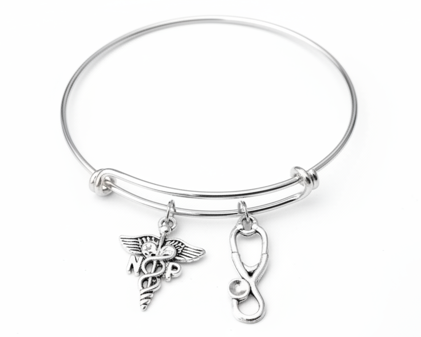Nurse Practitioner NP Gift Charm Bracelet Adjustable Expandable Silver Bangle One Size Fits All Gift Personalized Nurse Graduation Gift