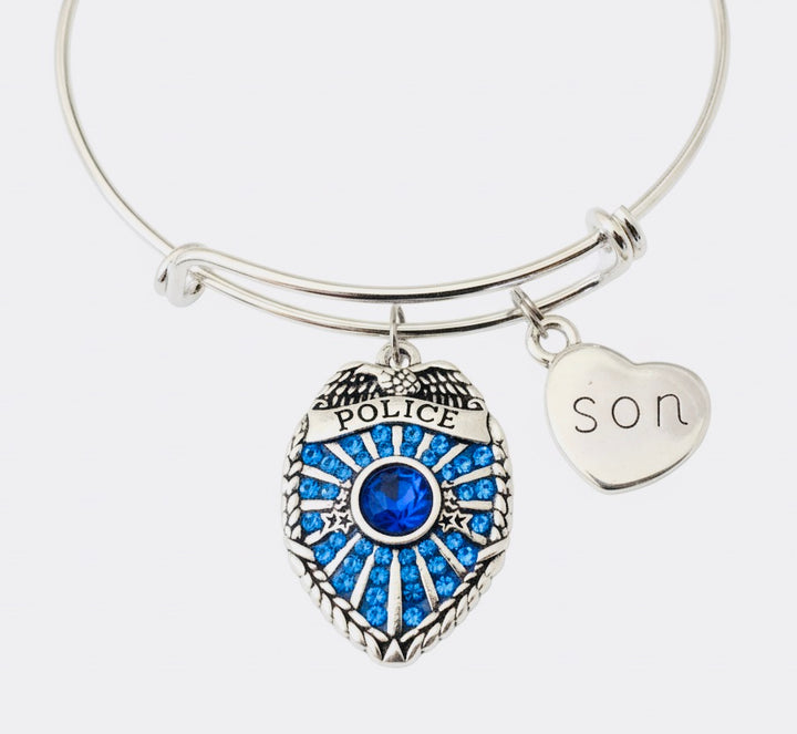 Police Son Bracelet, Police Officer Son Gift, Thin Blue Line Jewelry, Law Enforcement Son, Blue Crystal Police Badge, Son Charm, Expandable Bangle