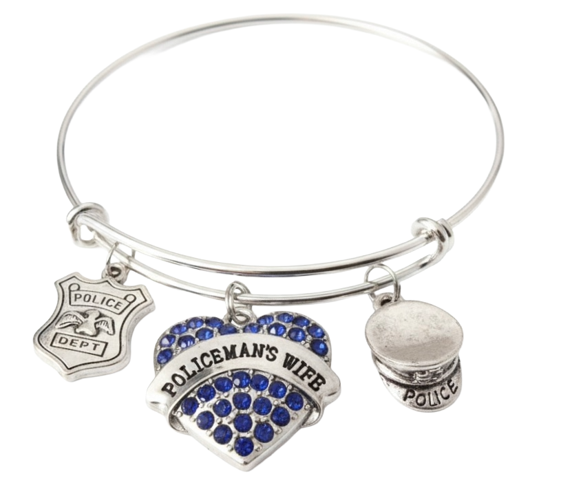 Police Wife Bracelet, Police Officer Wife Gift, Thin Blue Line Jewelry, Law Enforcement Wife, Blue Crystal Heart, Police Badge Charm, Expandable Bangle