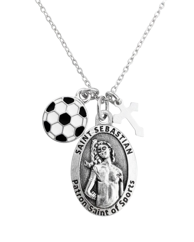 Saint Sebastian Soccer Necklace – Patron Saint of Sports Medal with Cross &amp; Soccer Ball Charm – Catholic Athlete Gift