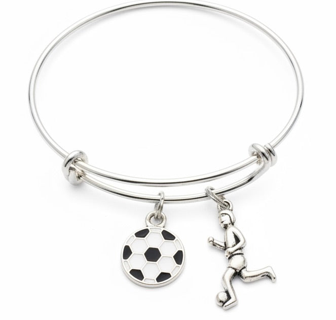 Soccer Girl Charm Bracelet, I Love Soccer Bangle with Player Charm, Adjustable Silver Sports Jewelry Gift