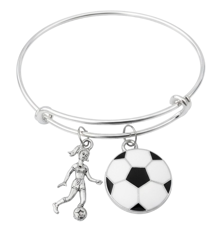 Soccer Player Charm Bracelet, Girl Soccer Jewelry with Ball Charm, Adjustable Silver Bangle Gift for Athletes