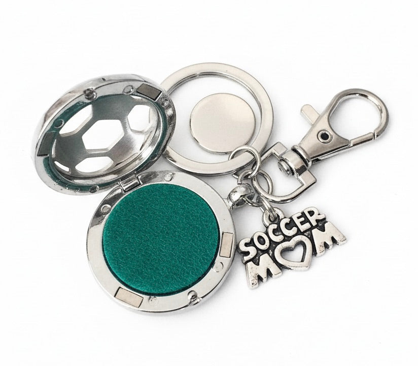 Soccer Mom Aromatherapy Locket Keychain, Essential Oil Diffuser Key Ring with Soccer Ball Charm, Silver Gift