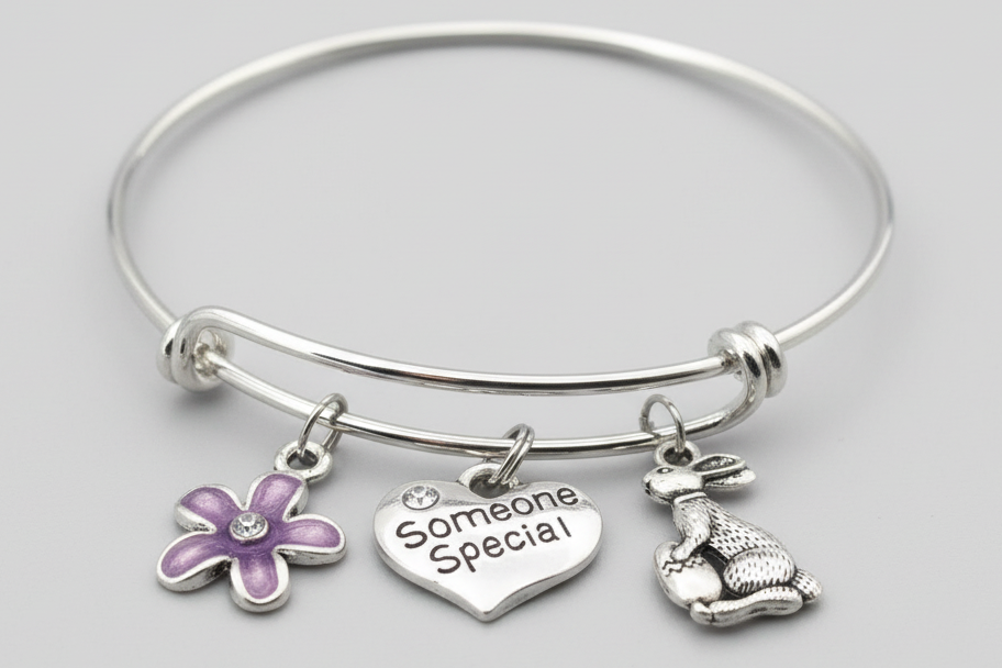 Someone Special Bunny Rabbit Purple Flower Expandable Charm Bracelet Silver Adjustable Wire Bangle Basket Gift