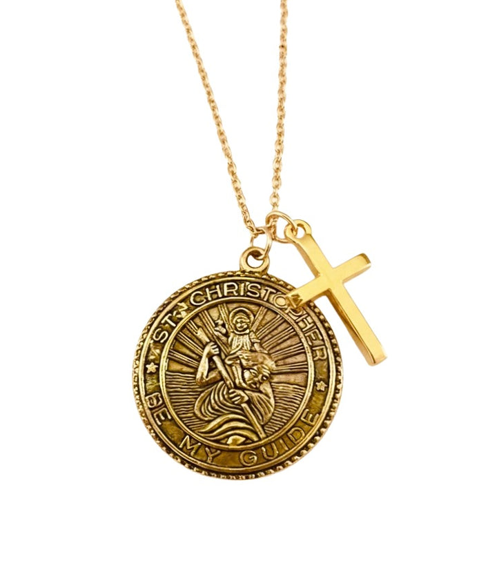 St Christopher Necklace Gold Medal Birthstone Pendant Cross Charm Catholic Patron Saint Jewelry