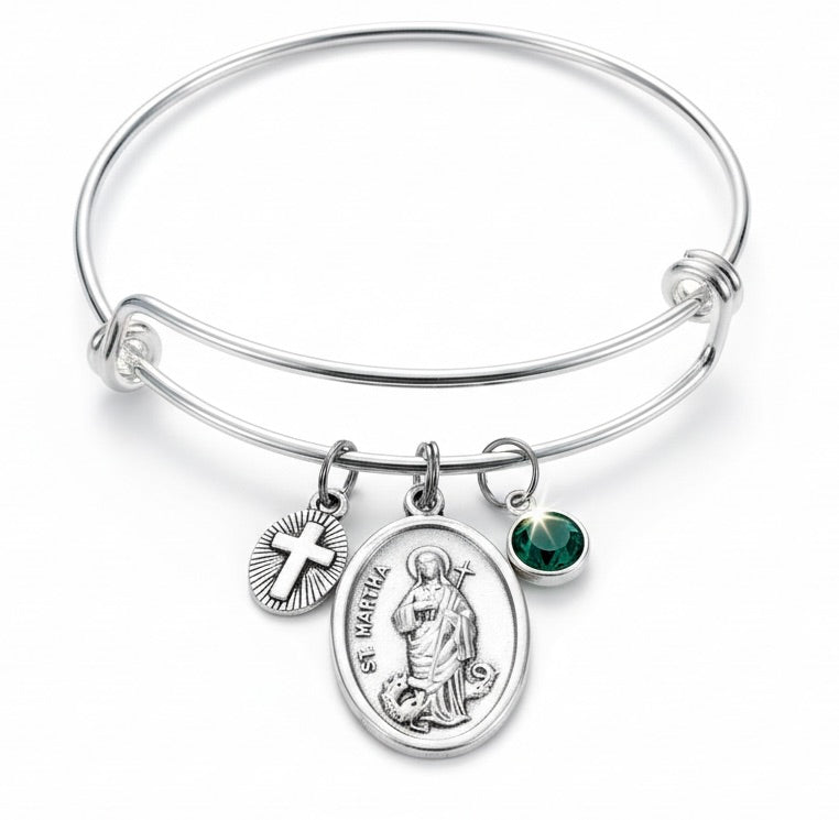 St Martha Bracelet with Birthstone - Patron Saint Charm Bangle Gift for Catholic Women