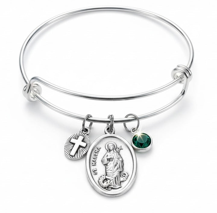 St Martha Bracelet with Birthstone - Patron Saint Charm Bangle Gift for Catholic Women