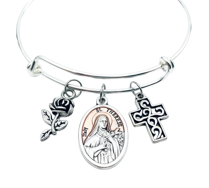 St. Therese Bracelet | Little Flower Rose Charm Bangle | Italian Medal Catholic Jewelry Gift