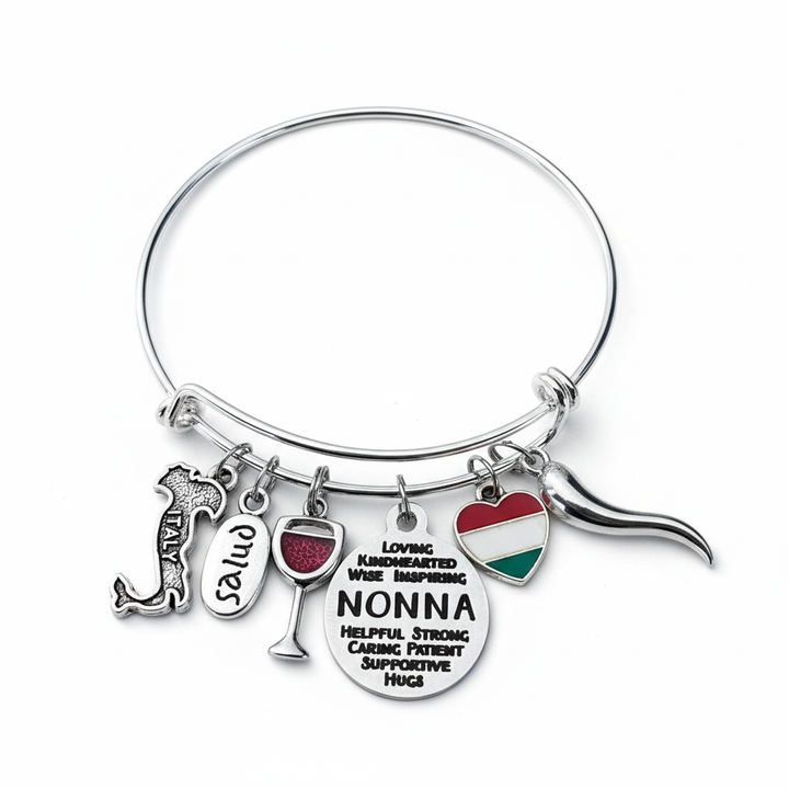 A silver-tone expandable bangle bracelet with multiple charms, including a Italian flag heart, a wine glass charm, a Italy silhouette, and a silver horn charm, on a white background.