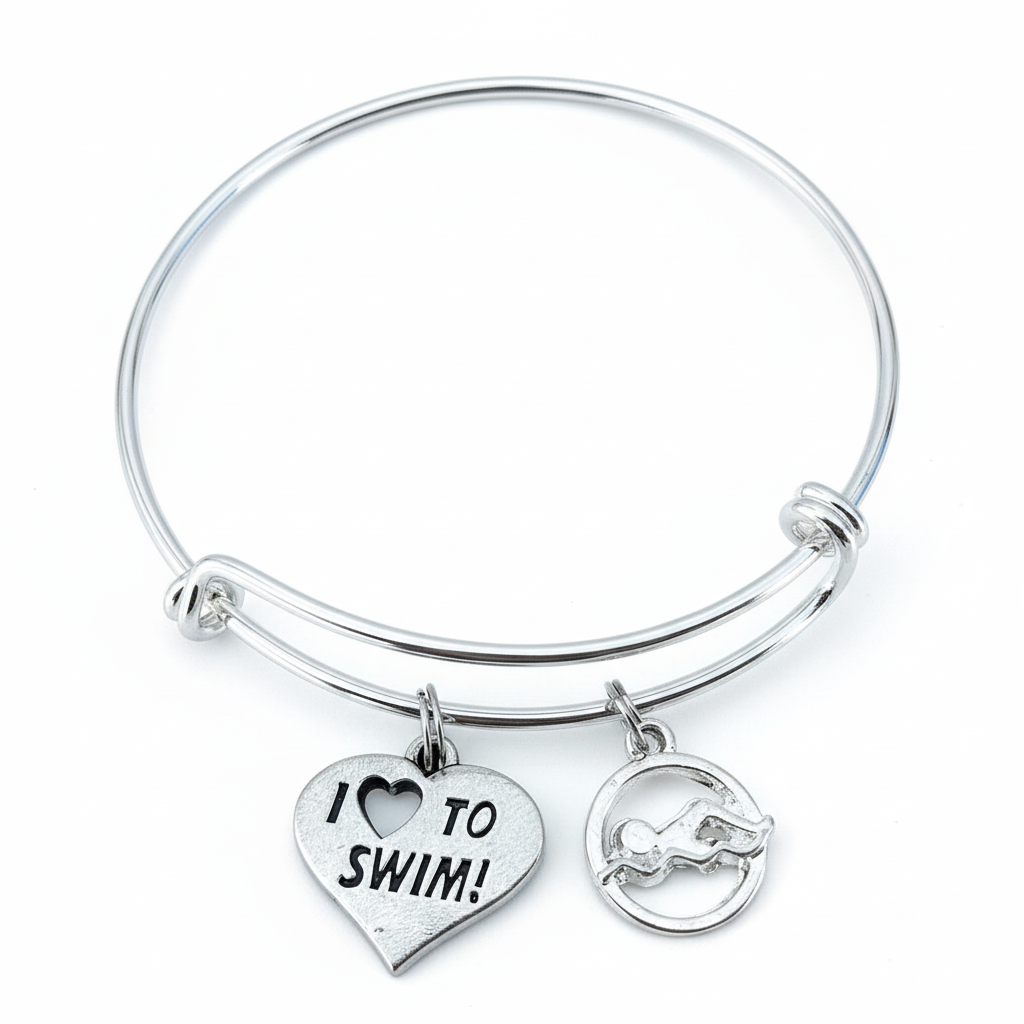 I Love to Swim Silver Expandable Charm Bracelet Swimming Sports Team Coach Gift Adjustable Bangle