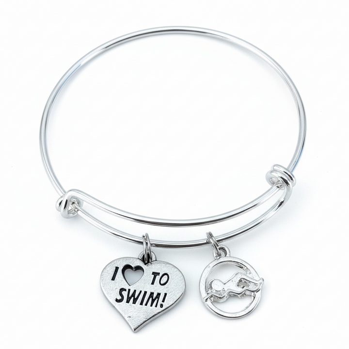 I Love to Swim Silver Expandable Charm Bracelet Swimming Sports Team Coach Gift Adjustable Bangle