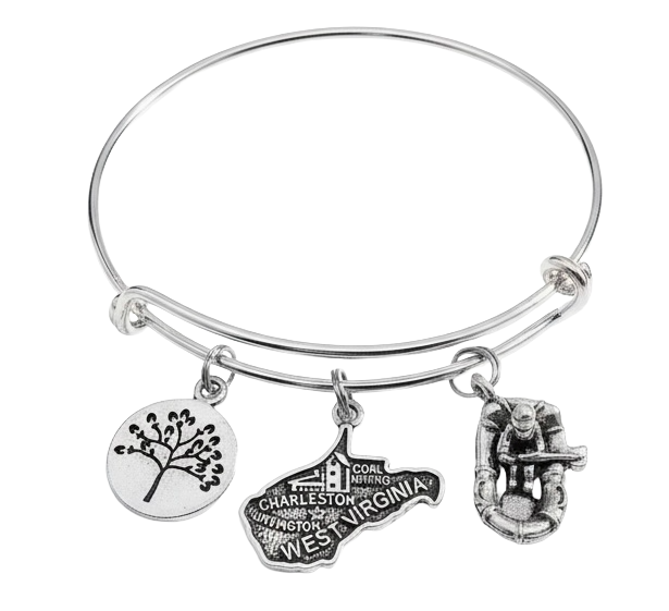 West Virginia Charm Bracelet White Water Rafting Jewelry Expandable Adjustable Silver Charm Bracelet Wire Bangle One Size Fits All Gift State Jewelry