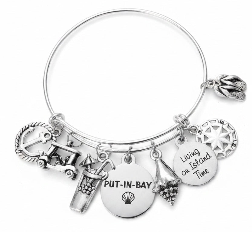 Put-in-Bay silver expandable charm bracelet with anchor, compass rose, seashell, starfish, and Living on Island Time disc — Lake Erie island jewelry by Jules Obsession